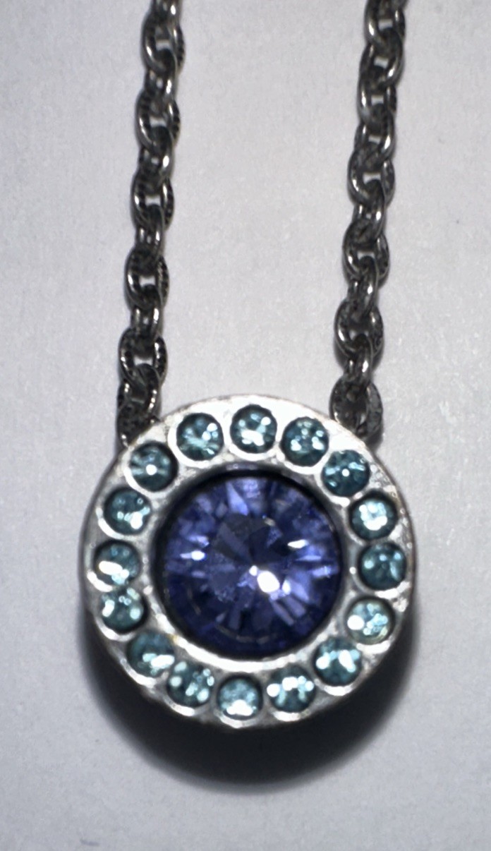 Patricia Locke Signed Silvertone Purple and Blue Crystals Pendant Chain Necklace