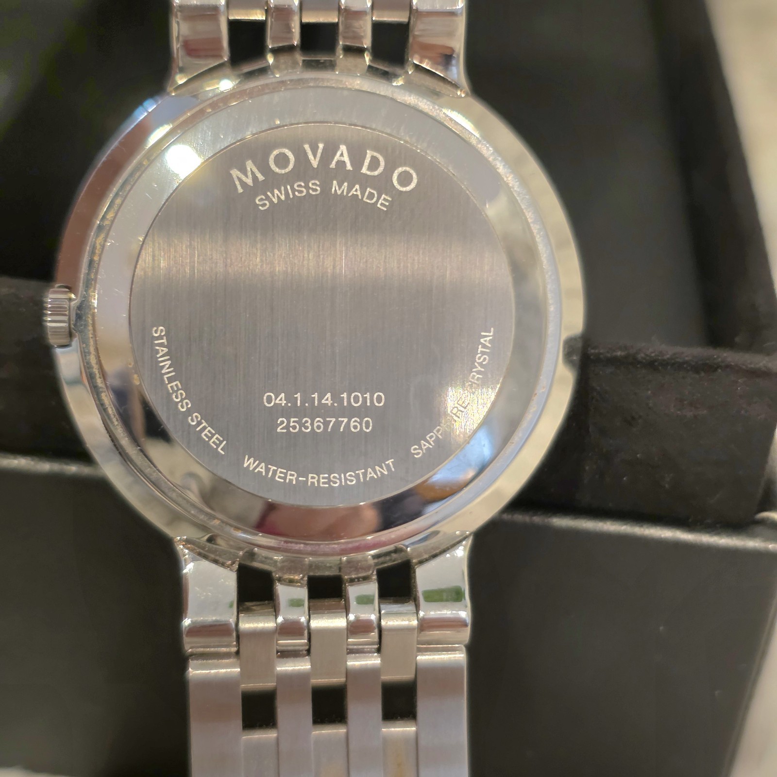 Movado Swiss Made Stainless Steel Black Dial Sapphire Crystal Men Women Watch