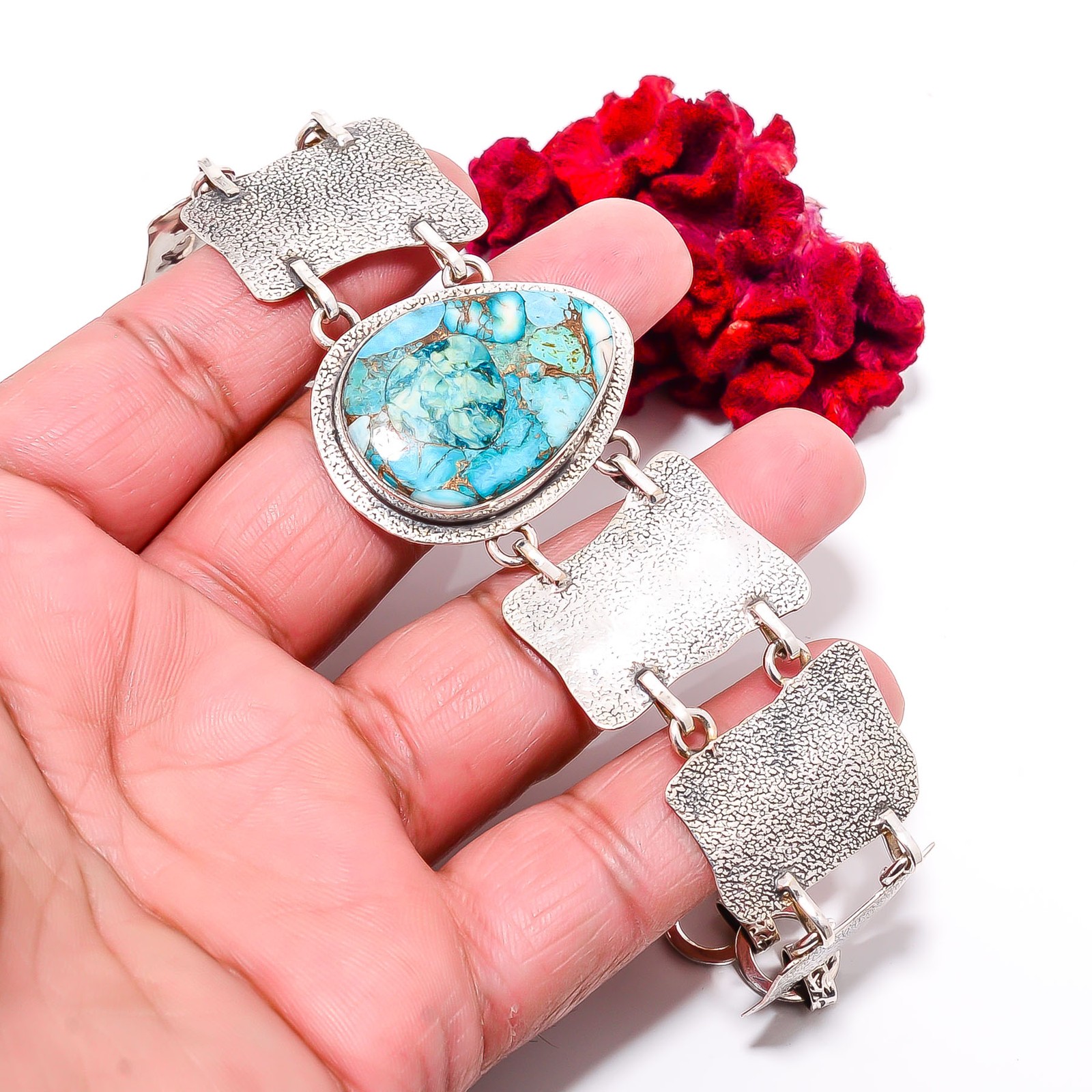 Copper Magnesite Turquoise 925 Sterling Textured Silver Bracelet 8.99″ B84367