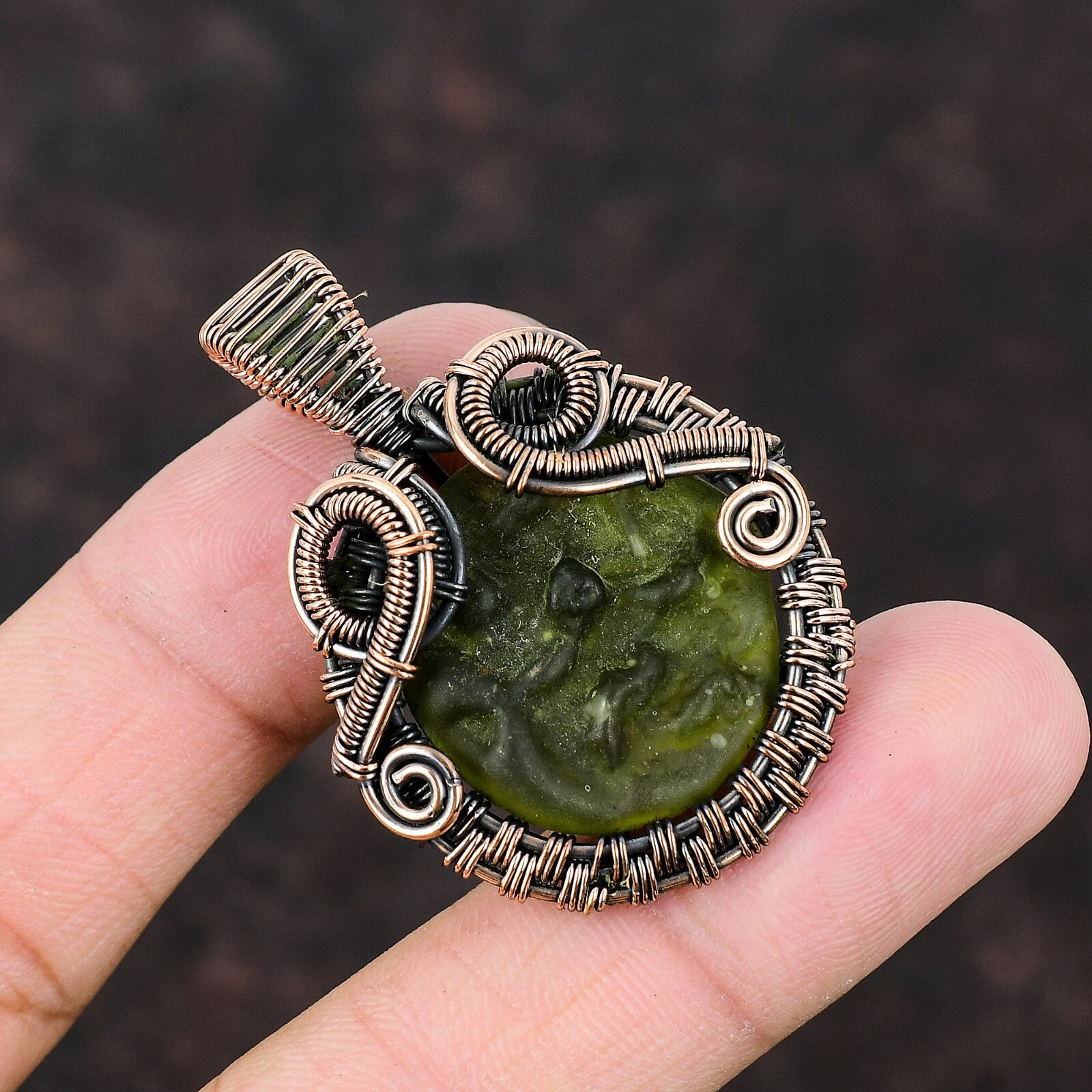 Moldavite Wire Wrapped Pendant Handcrafted Copper Birthday Gift Jewelry 1.89″