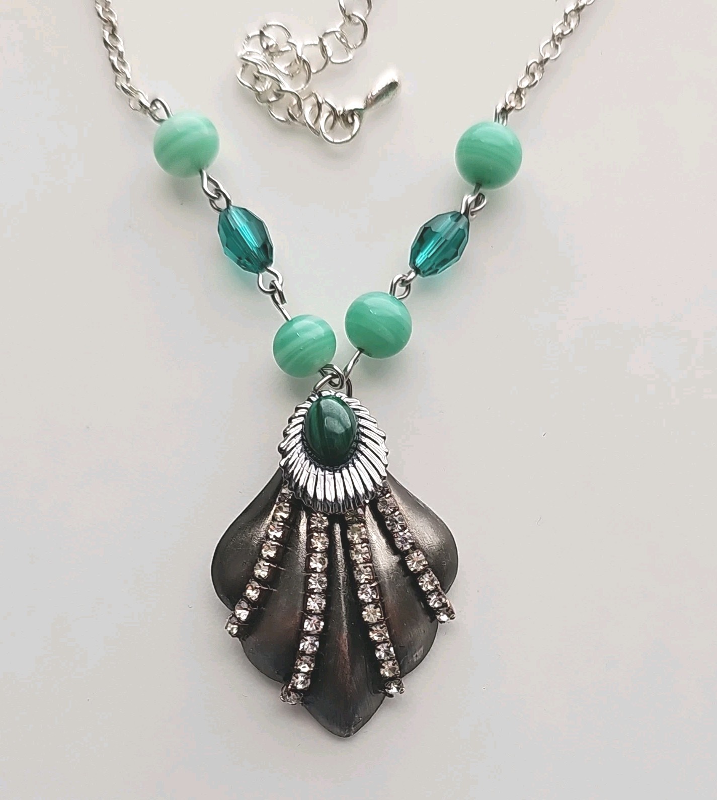 Assemblage Necklace Vintage Czech Glass Beads Malachite Cab Pendant Silver Tone