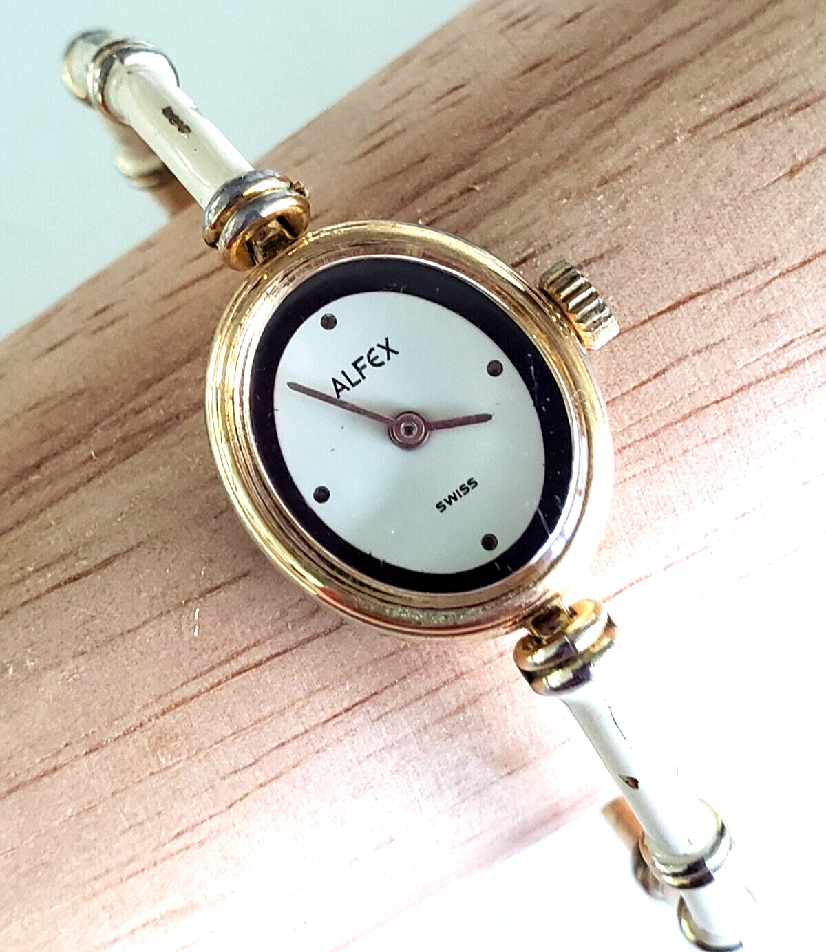 Vintage Alfex Swiss Ladies Windup Watch Beige Enamel for Parts or Repair