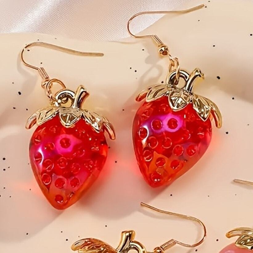 Strawberry Red Dangle Earrings Whimsical Cottagecore Feminine Best Seller