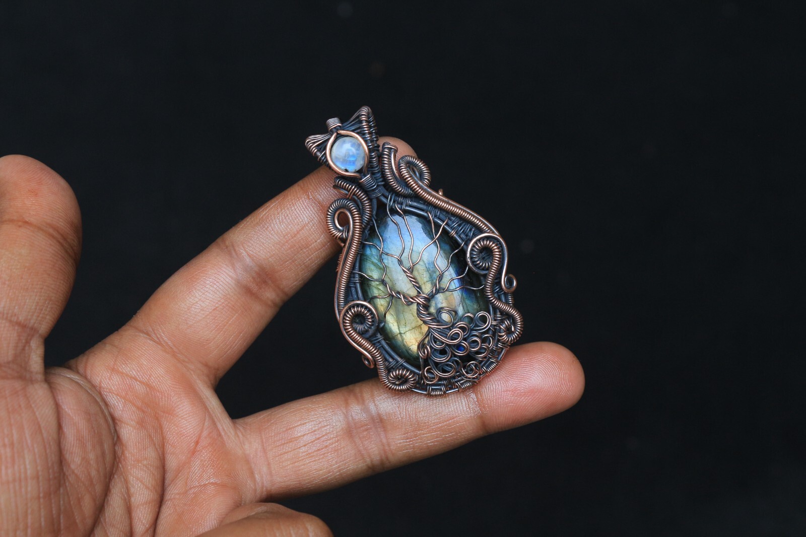 Yellow Fire Labradorite Copper Wire Wrap Tree Of Life Pendant Jewelry Gift NK547