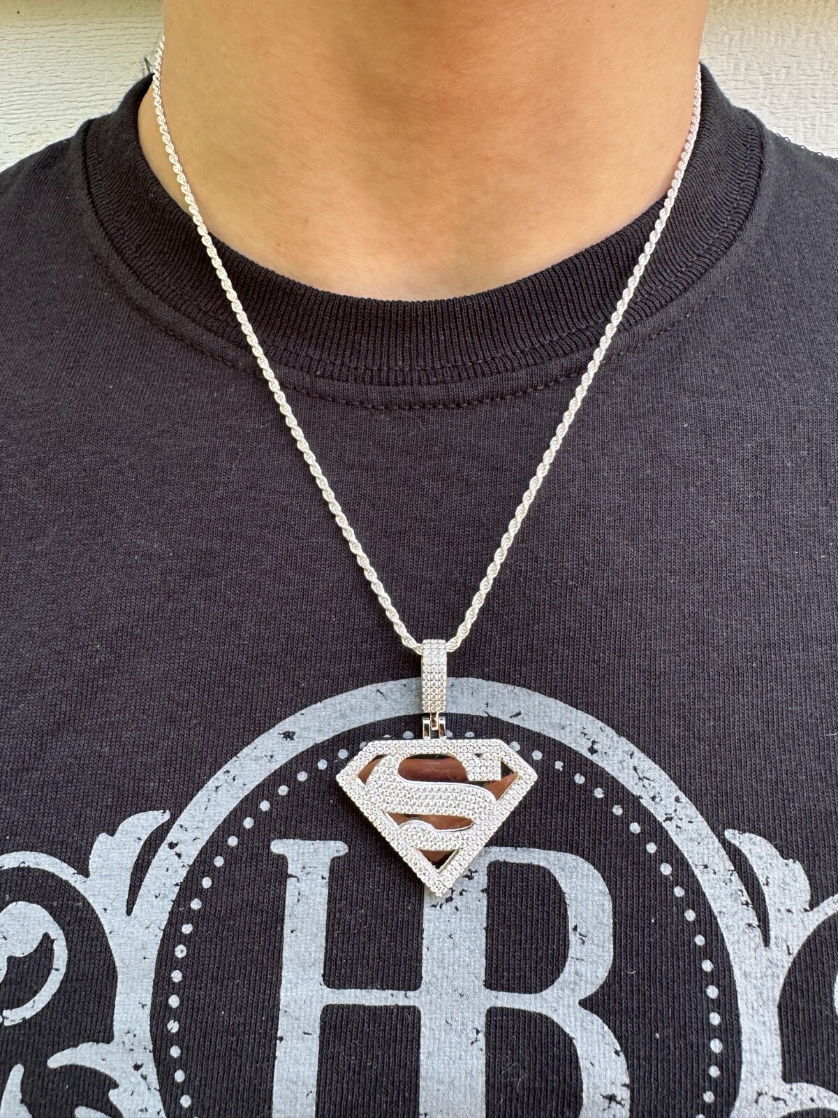 MOISSANITE Real 925 Silver/Gold Plated Iced SUPERMAN Logo Out Pendant Necklace