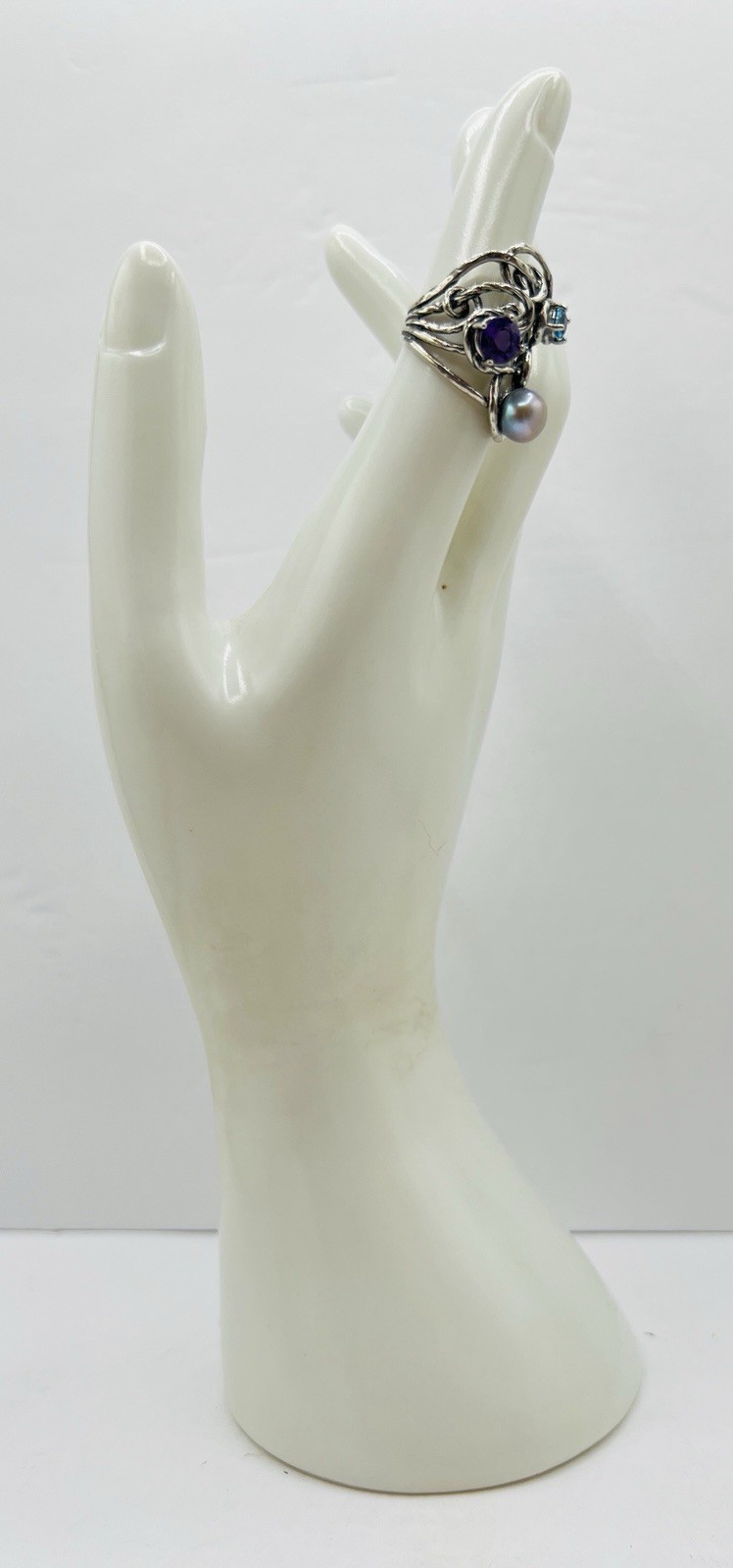 PZ Paz Creations Sterling Silver Pearl Amethyst Topaz Brutalist Split Shank Ring