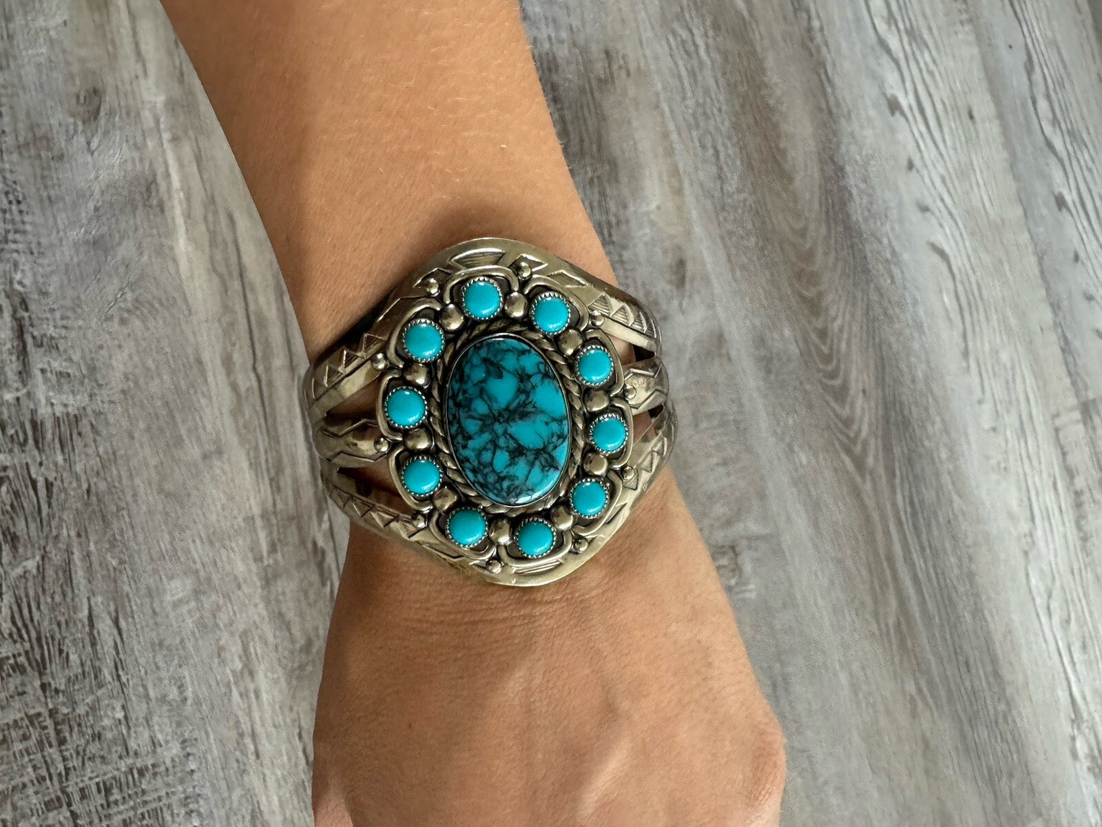 VINTAGE ‘BELL’ SOUTHWESTERN NICKLE SILVER CUFF W/LOVELY TURQ. COLOR STONES