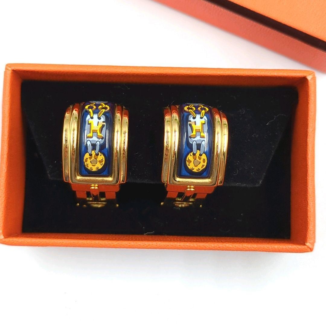 HERMES H Logo Clip On Earrings Enamel Gold Navy Vintage France Box Included Used