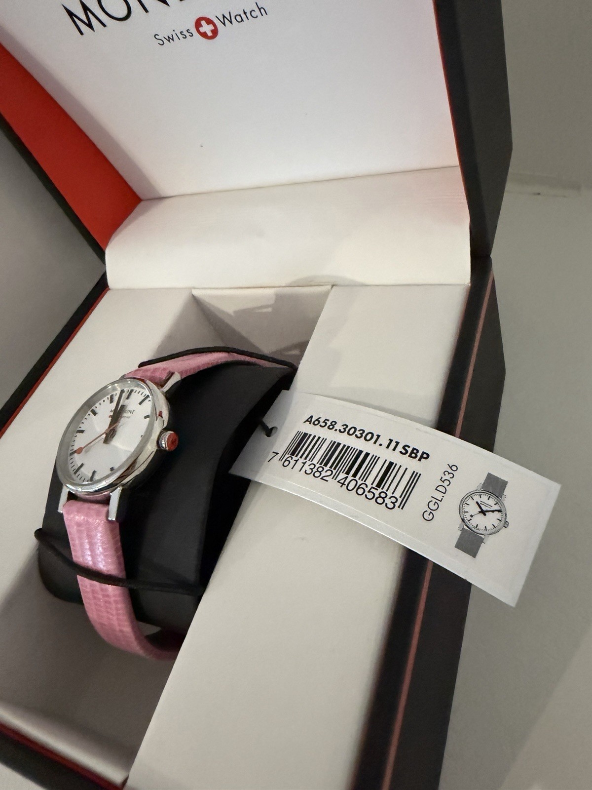 Mondaine Helvetica No1 38mm Quartz Watch White Dial Pink Leather. NEEDS BATTERY