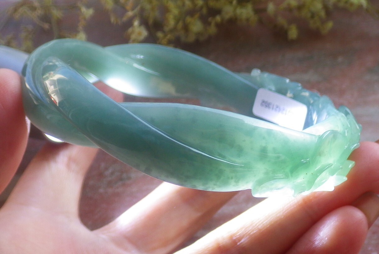 Video Certified Large Green A JADE Jadeite Flower Bangle Bracelet 69mm 200433 AS