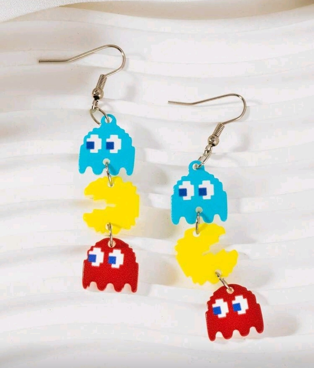 Retro 80s Arcade Game Pac-Man & Ghost Dangle Drop 8-Bit Pixel Gamer Earrings