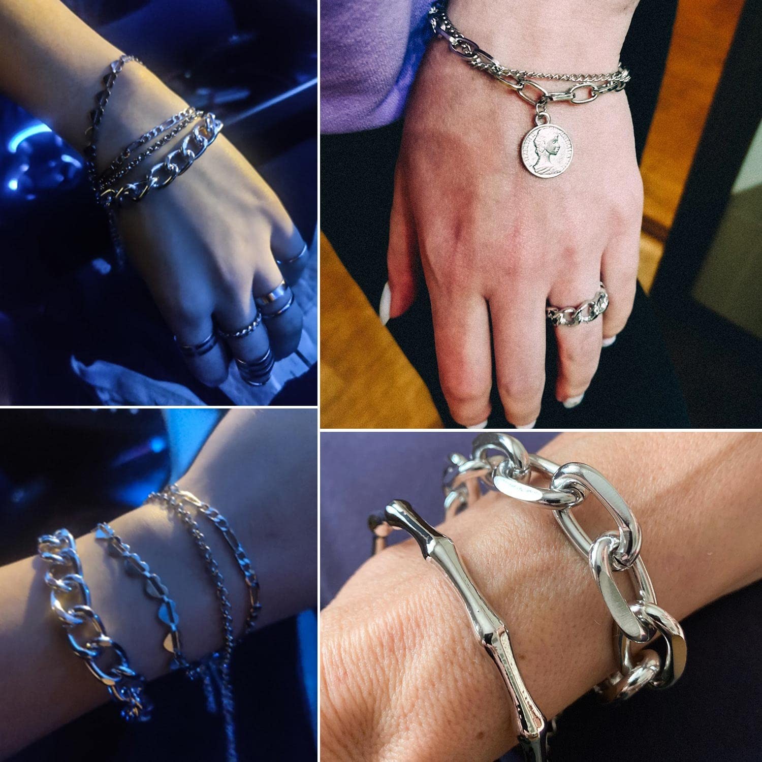 17IF 18 Pcs (6 Pack) Silver Bracelets Set for Women Boho Large,