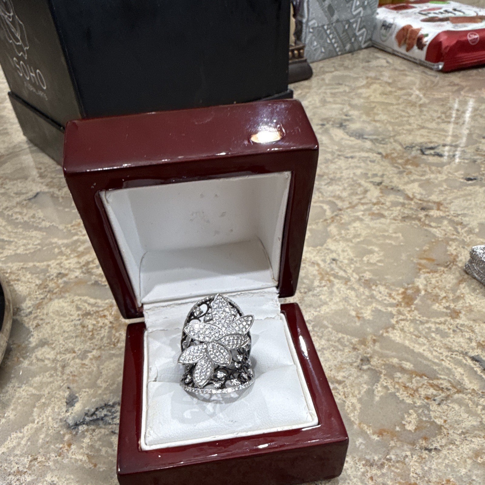 925 Sterling Silver Diamond Flower Cocktail Ring White/Colorless Stone