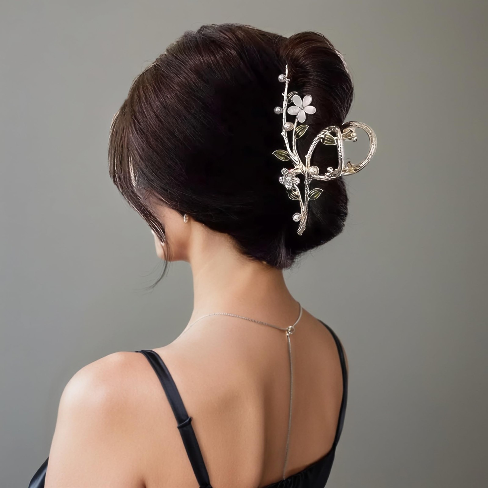 5.51” Large Metal Flower Claw Clip for Women – Cat-Eye Stones, Pearls, Rhine…