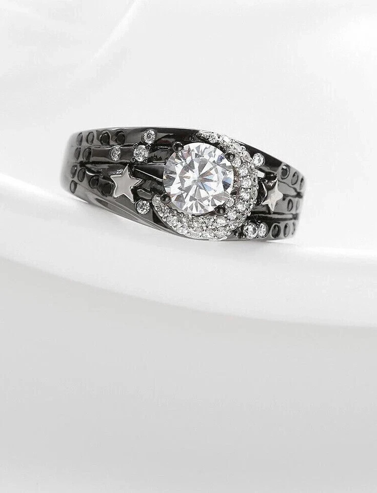 Art Deco Style Lab-Created Diamond Moon Star Birthday Ring 14k Two-Tone Gold FN