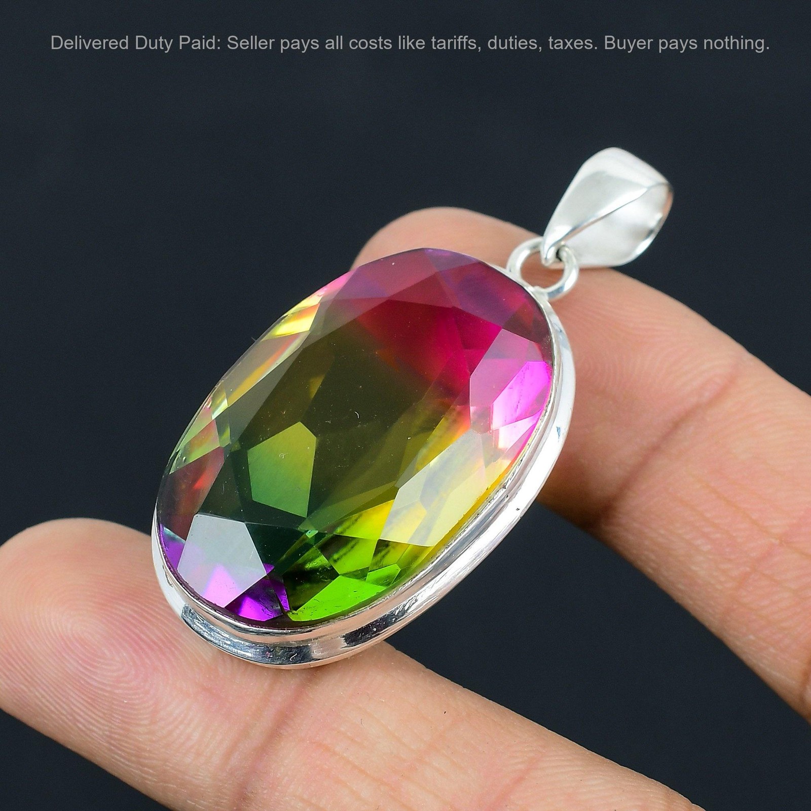 925 Silver Oval Multi Tourmaline Gemstone Elegant Mother Engagement Boho Pendant