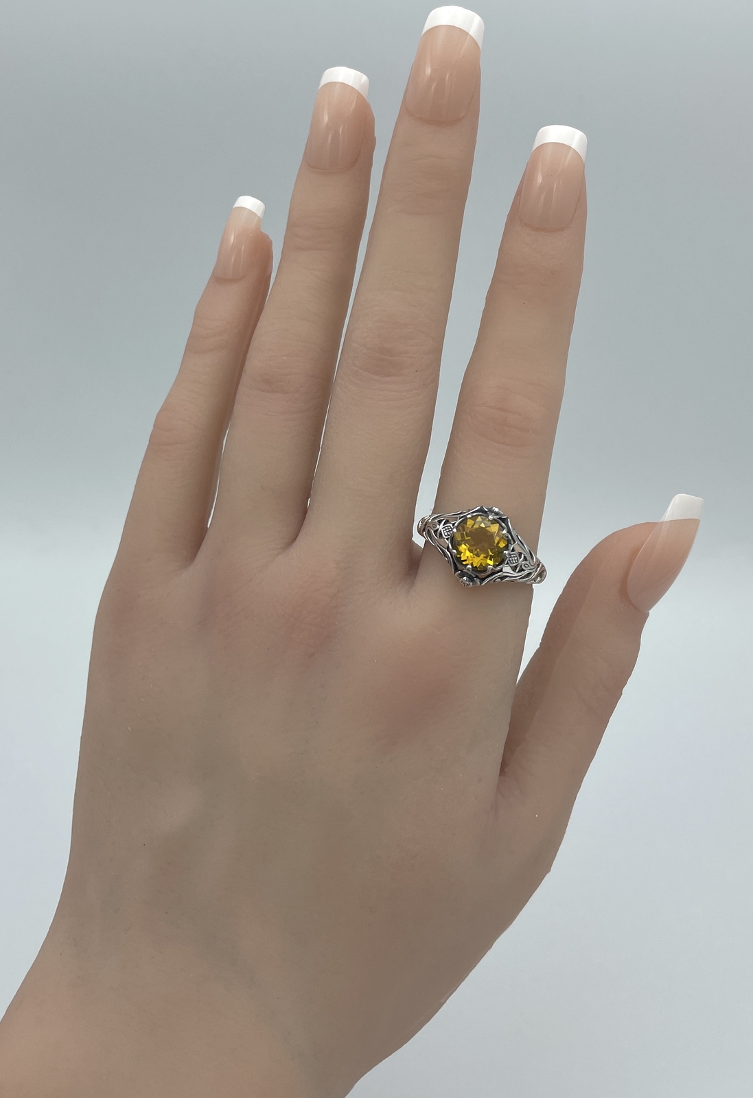 NOUVEAU ANTIQUE STYLE SCOTTISH THISTLE 925 SILVER LAB-CREATED CITRINE RING 890X