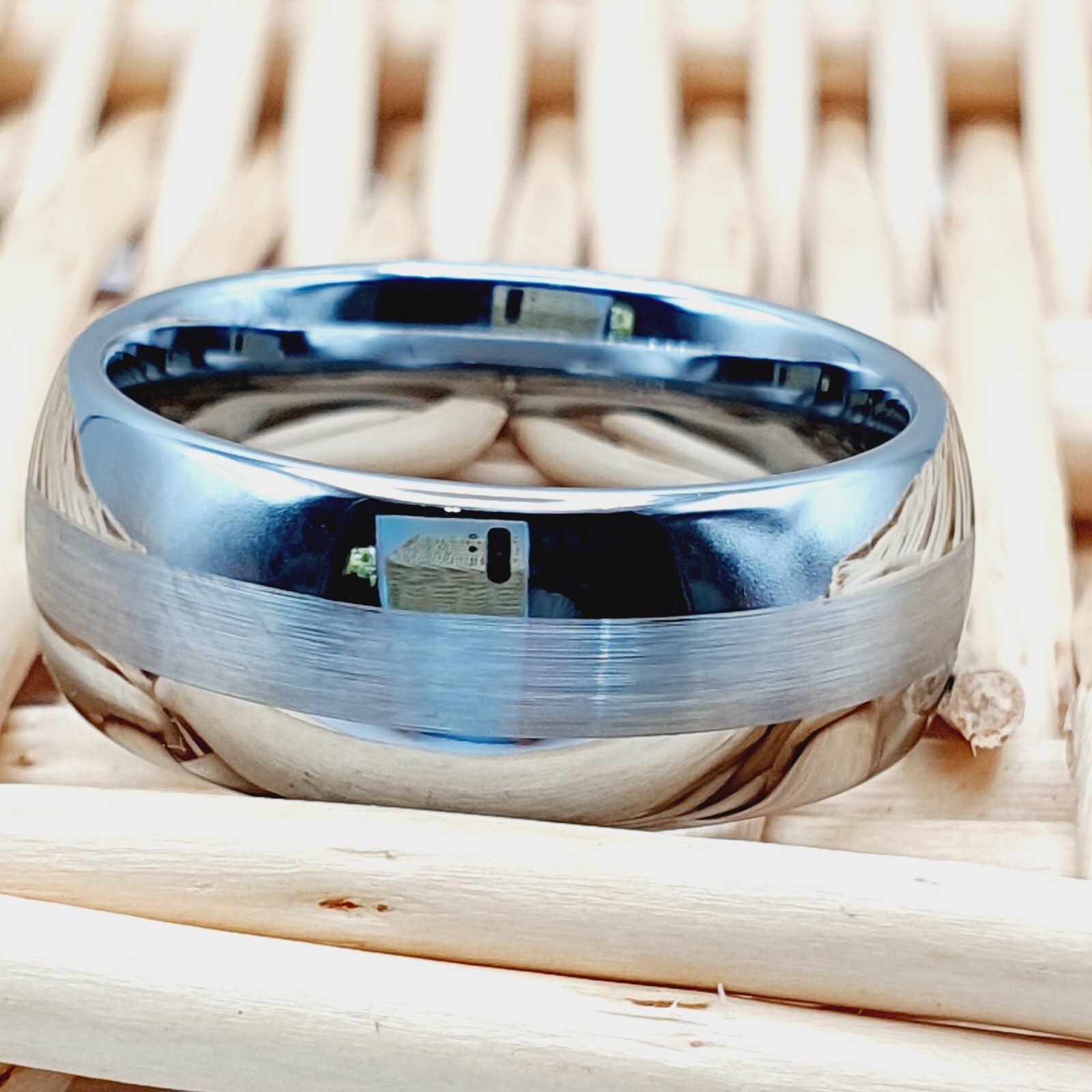 Satin Brushed Center Stripe Dome Silver Ring Anniversary Band for Couples