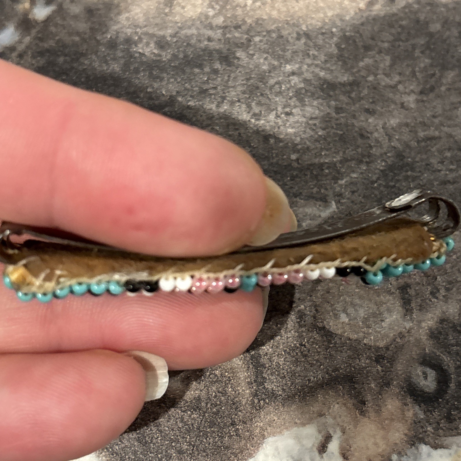 Vtg Native American Hand Beaded Barrette Hair Clip Leather Back Pink Blue