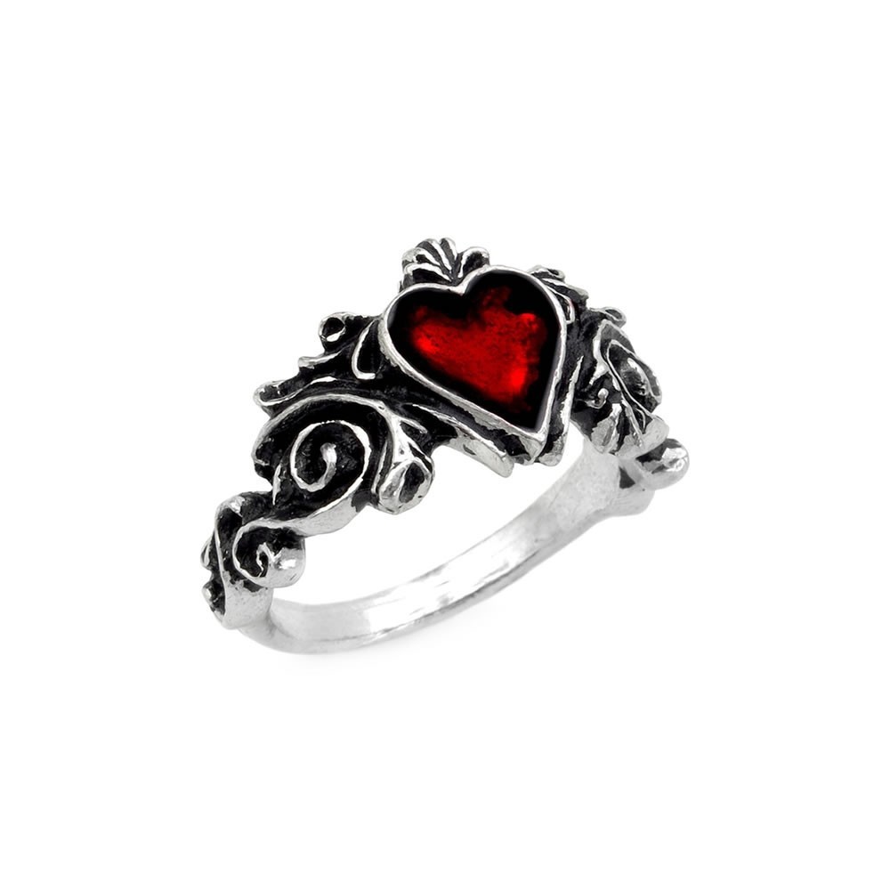 Alchemy Gothic Betrothal Romantic Ring Red Heart Ornate Scrolled Pewter R134 NWT