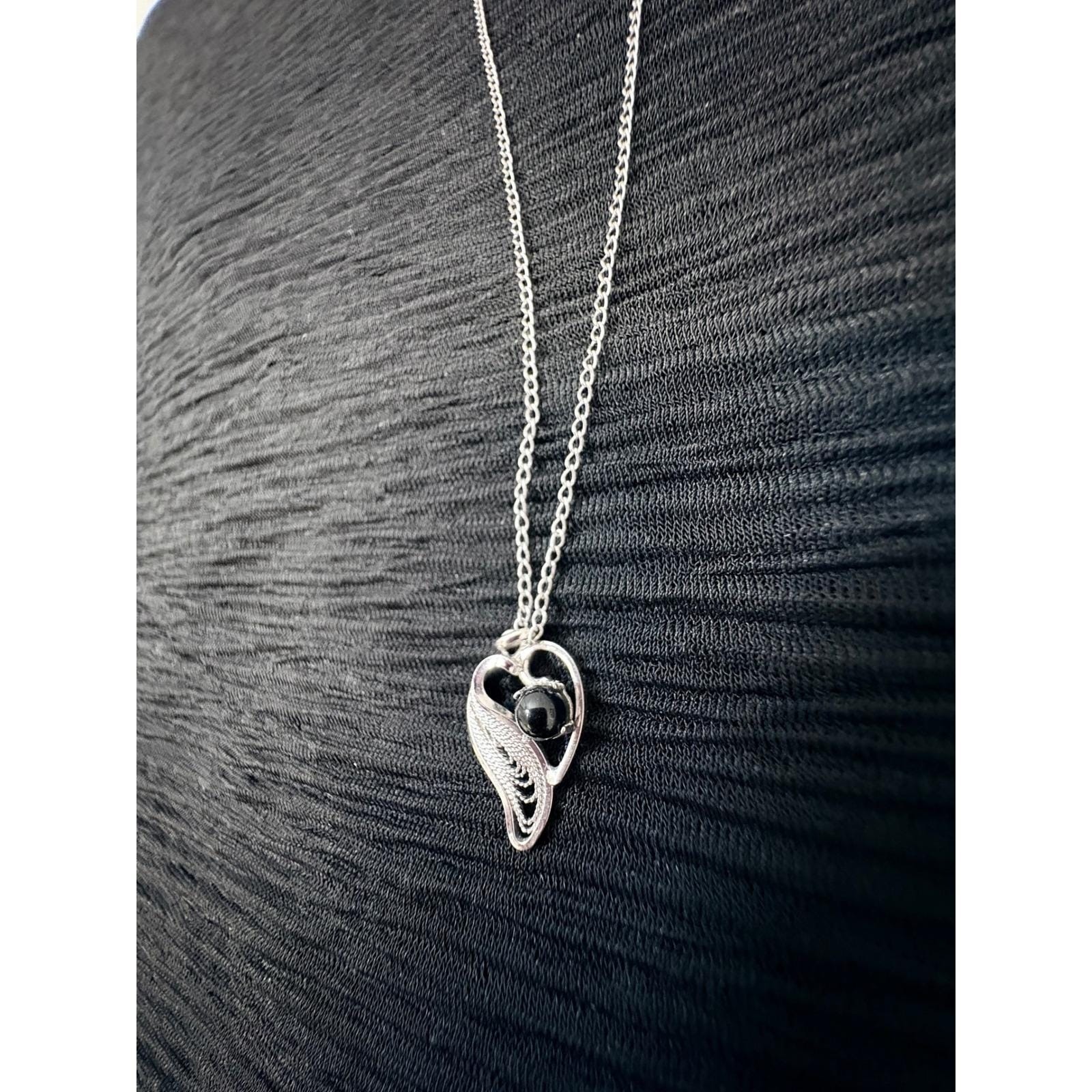 Vintage Coro Sterling Silver Filigree Heart Pendant Necklace Black Bead 15.5in