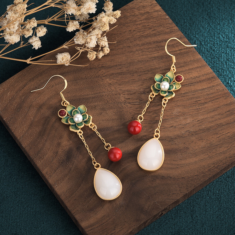 Chinese Style Retro Vintage Hetian Jade Cloisonné Earrings Women Retro Jewelry