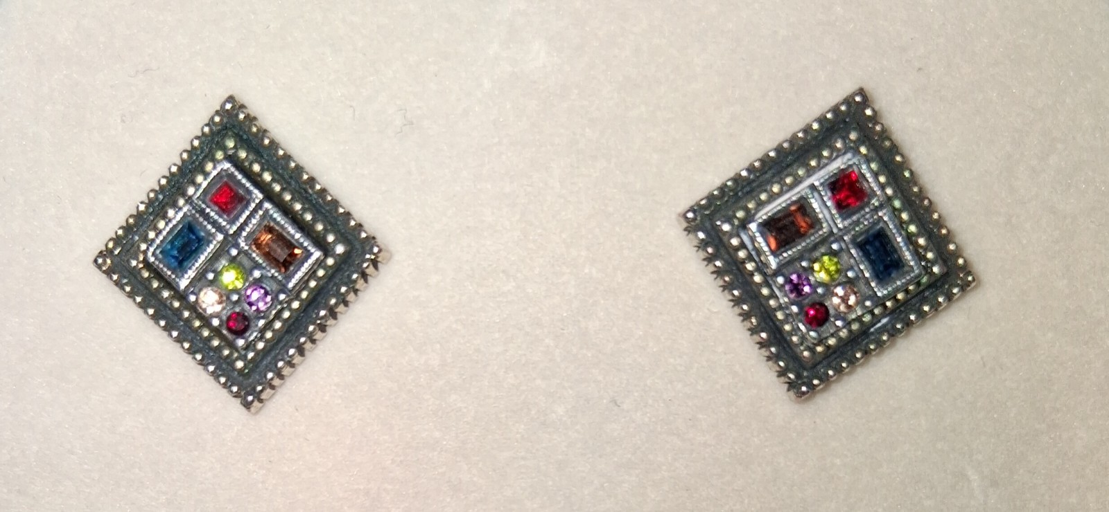 PATRICIA LOCKE Square Stud Earrings Multicolor Crystals & Antique Finish, signed