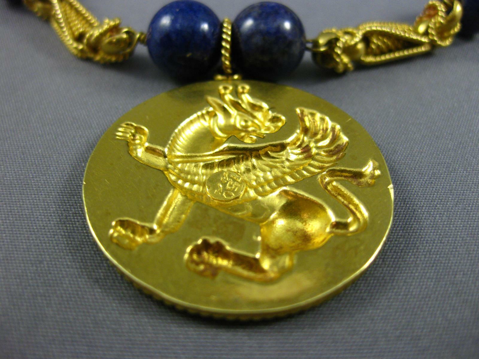 ESTATE LARGE AAA LAPIS 18KT YELLOW GOLD 3D CLASSIC FILIGREE DRAGON FUN NECKLACE