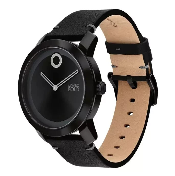 MOVADO BOLD 3600786 BLACK DIAL BROWN/BLUE/BLACK LEATHER STRAP MENS WATCH GIFTSET