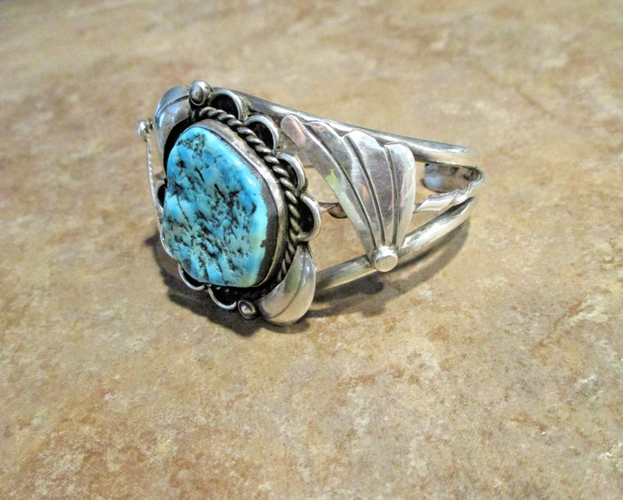 FINE Vintage Navajo Sterling Silver SEA FOAM Turquoise Applique Bracelet Sign FS