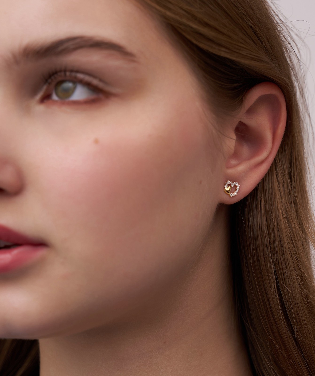 Round Cut Lab Grown Diamond 14K Gold Double Heart Diamond Stud Fine Earrings