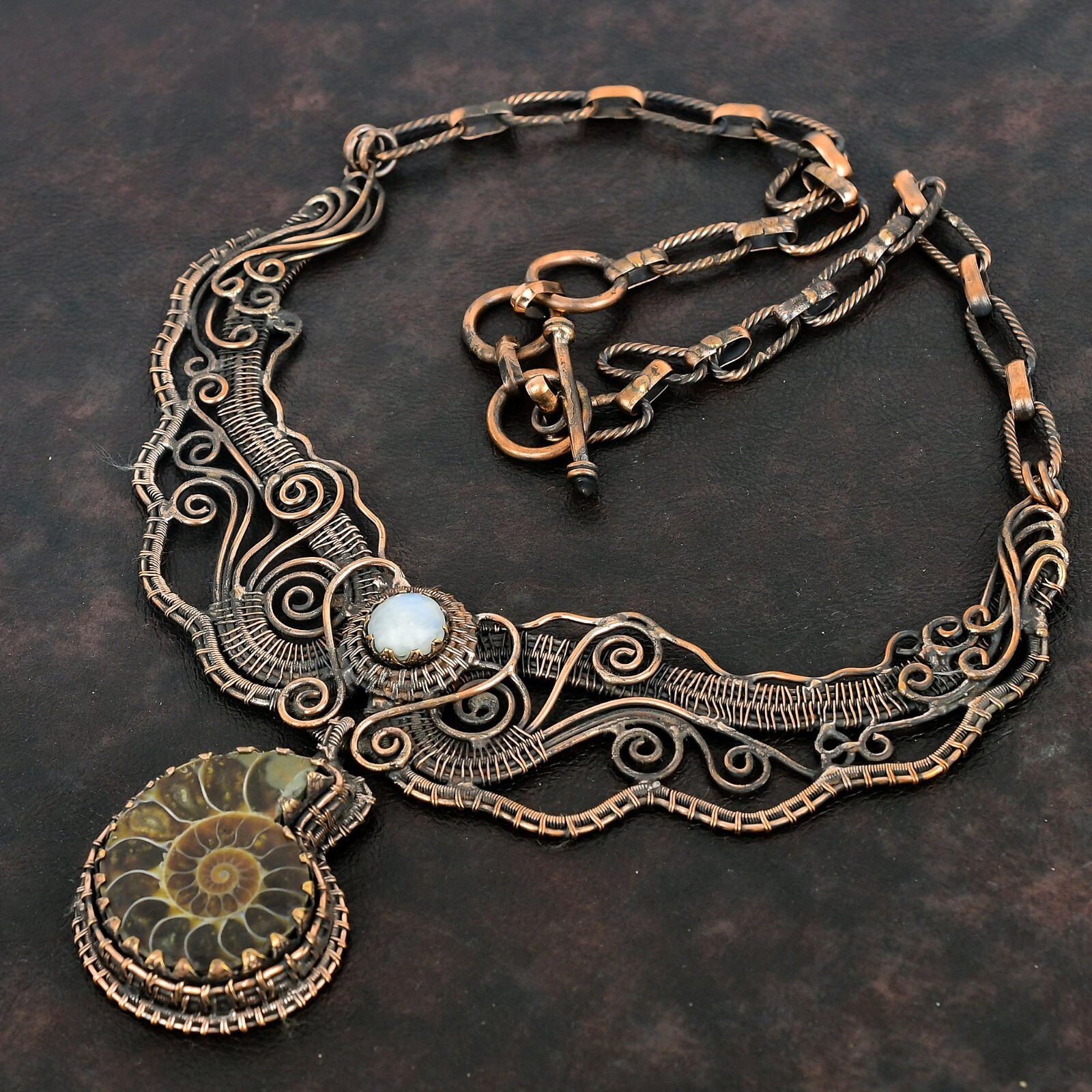 Ammonite Fossil Copper Gift For Mom Wire Wrapped Chain Adjustable Necklace 18.0″