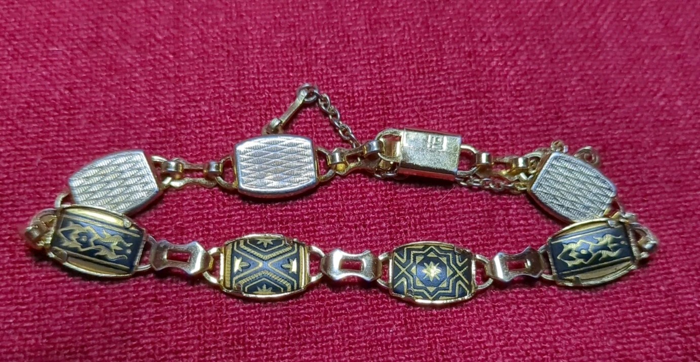 Vintage Midas “ia” Damascene Link Bracelet Black Gold Geometric Toledo Spain 7″