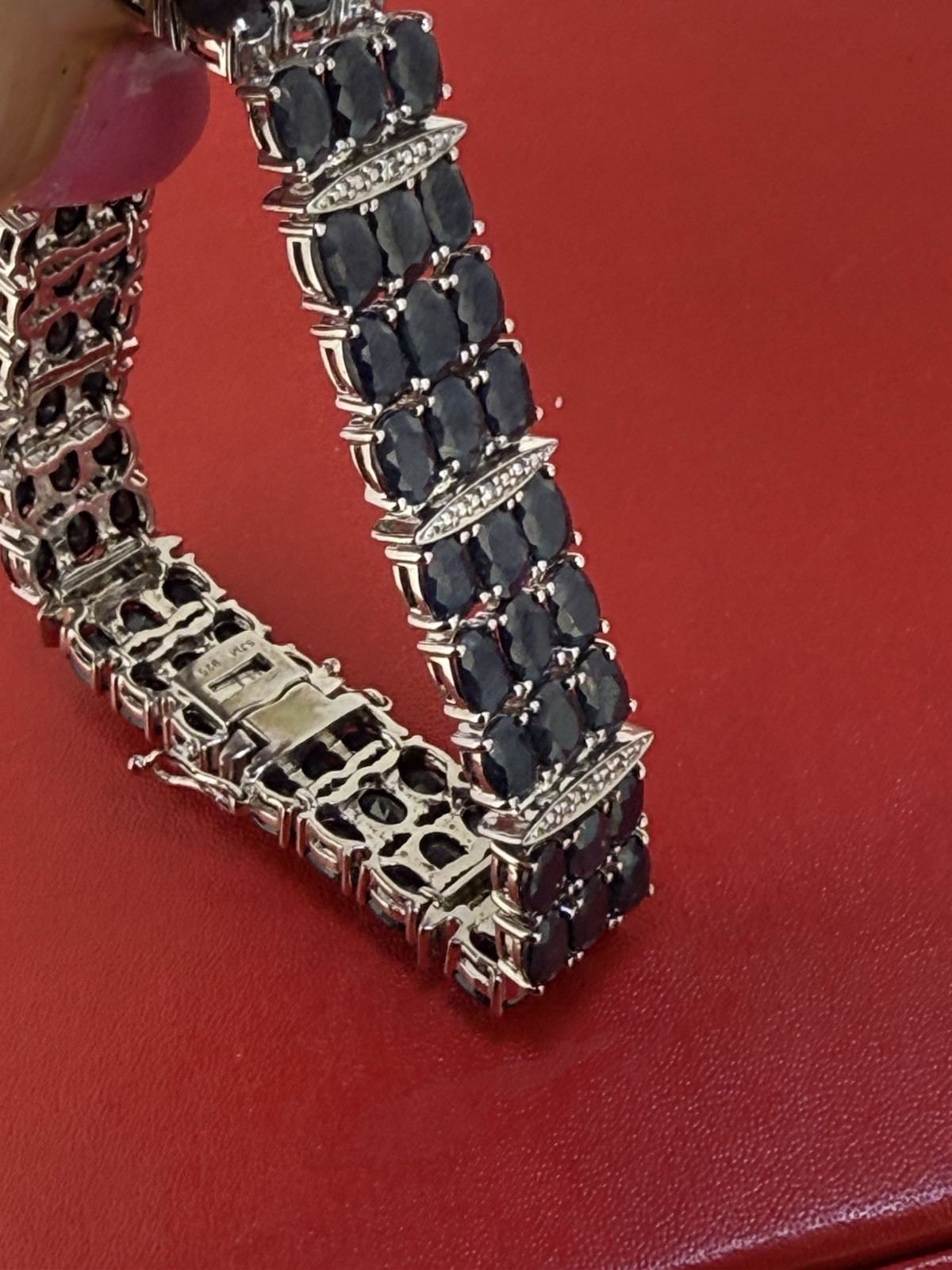 Vintage SJM Sterling Silver Blue Sapphire & Diamond Bracelet 7.5 Inch Long