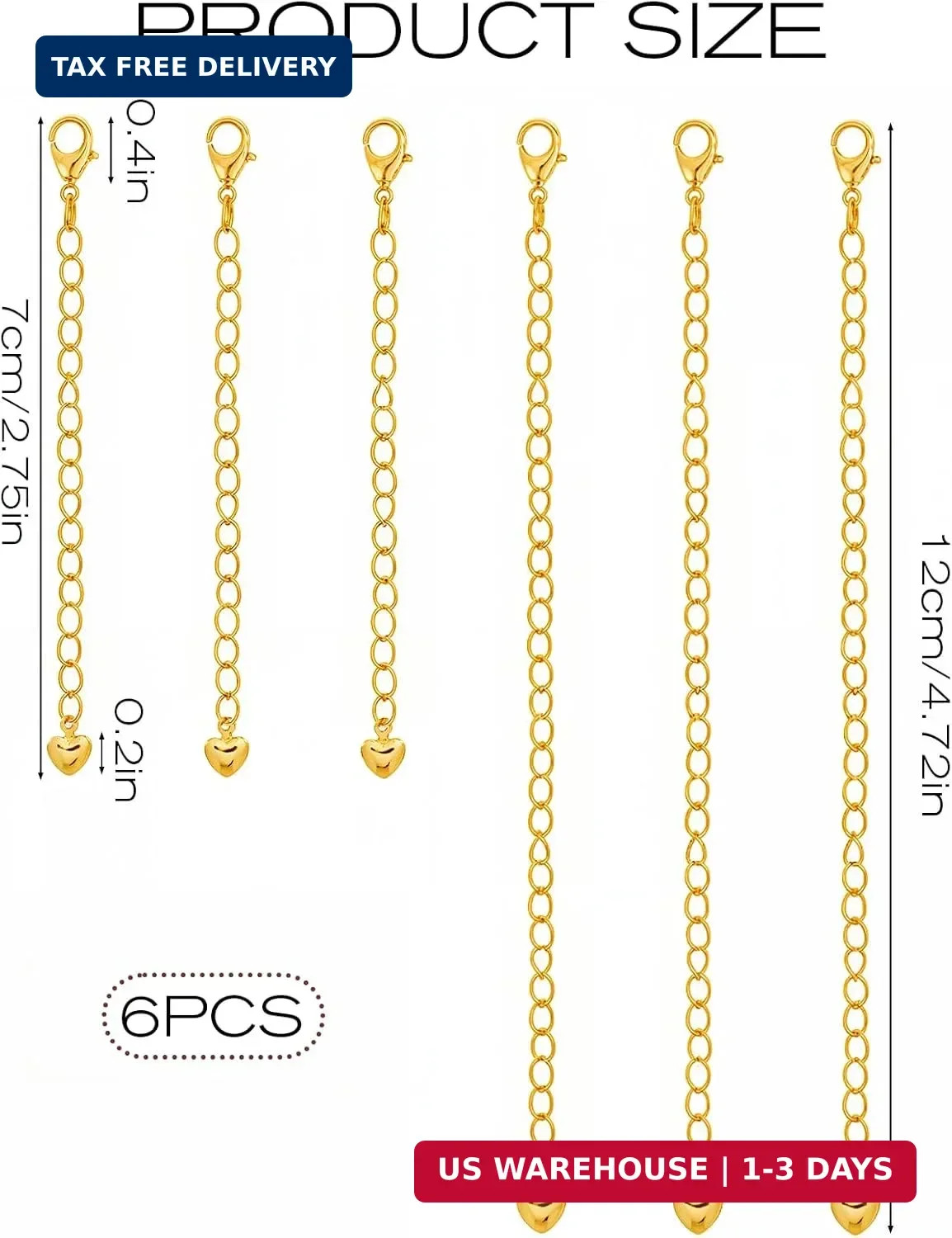 6 Pcs Gold Necklace Extenders for Women Non Tarnish Gold Bracelet Chain Extender