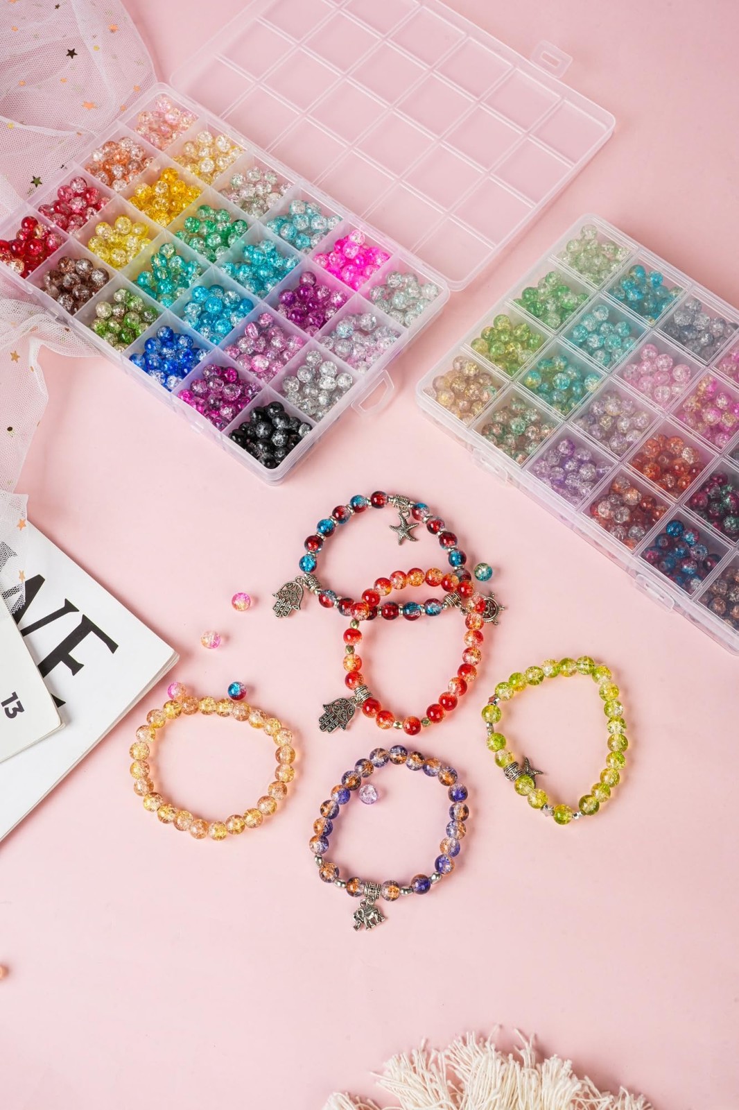 1300PCS 8mm Mixed Crackle Glass Beads for Bracelets Making Small, Style 1