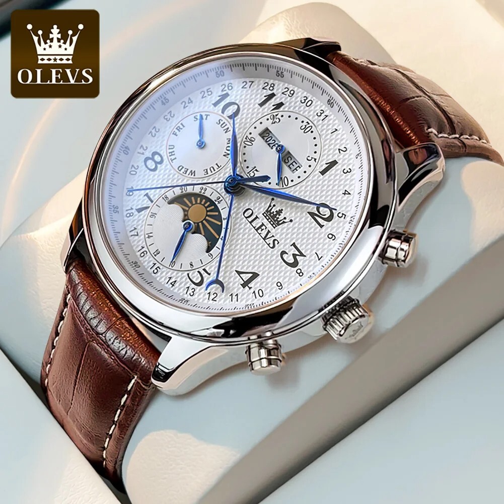 OLEVS Automatic Mechanical Watch Men’s Moon Phase Waterproof Leather Men Strap