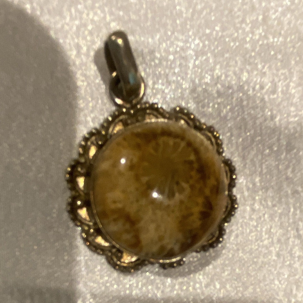 Round Pendant Charm Bezel Set Brown Round Stone Silver Tone Scalloped Edge
