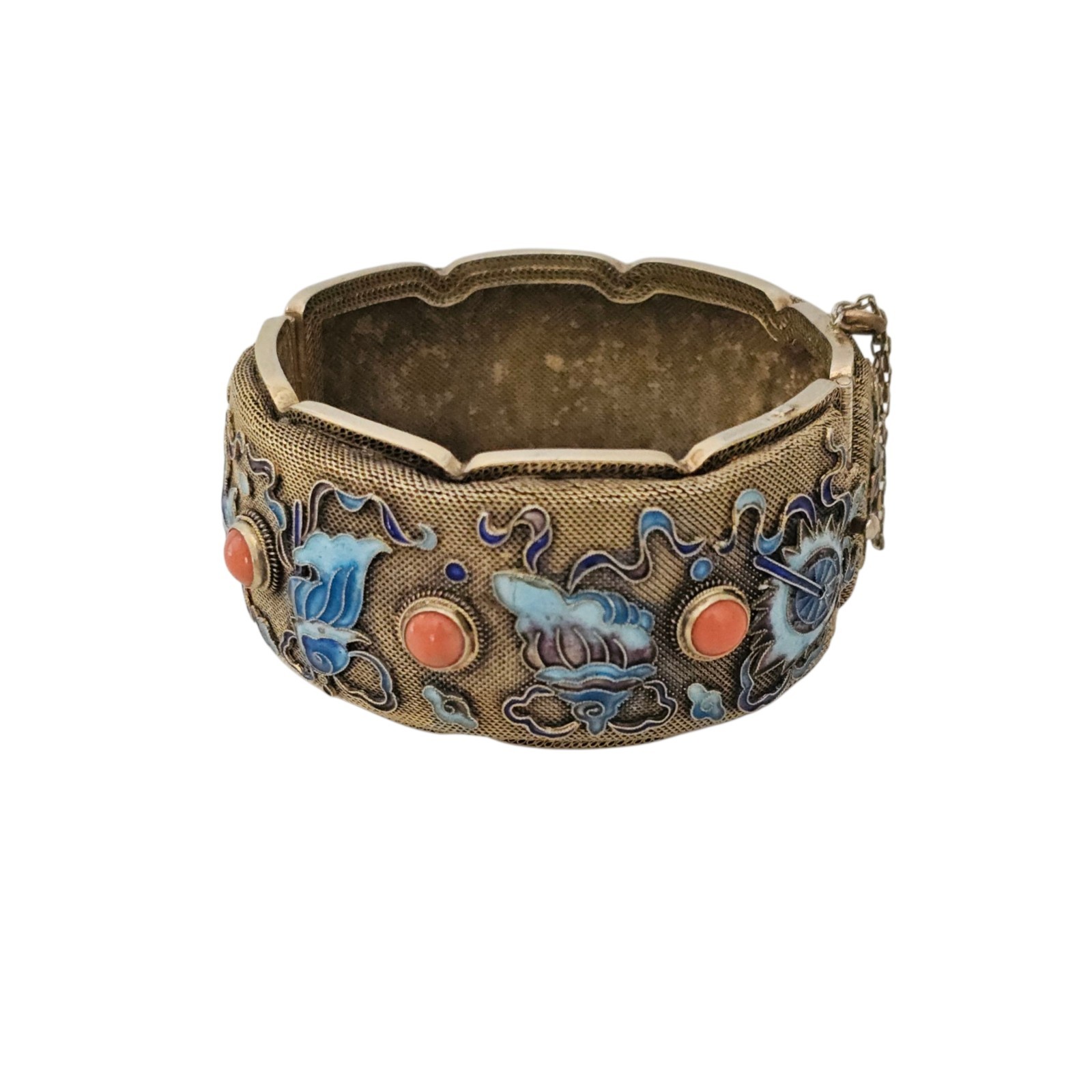 Vintage Chinese Export Bracelet Enamel Gilded Silver Mesh Filigree Coral