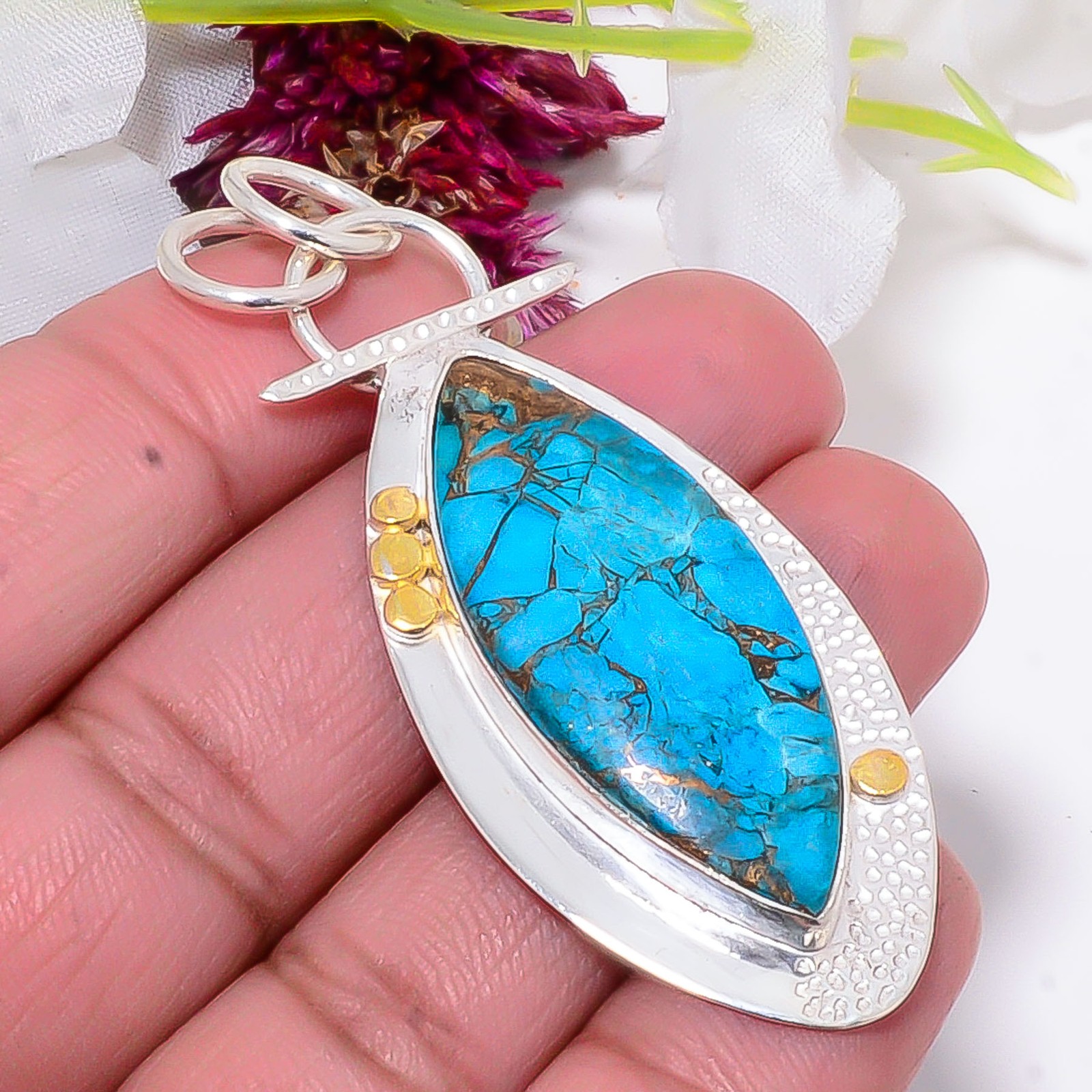 Copper Blue Turquoise 925 Sterling Silver Two Tone Designer Pendant 2.34″ Sku30