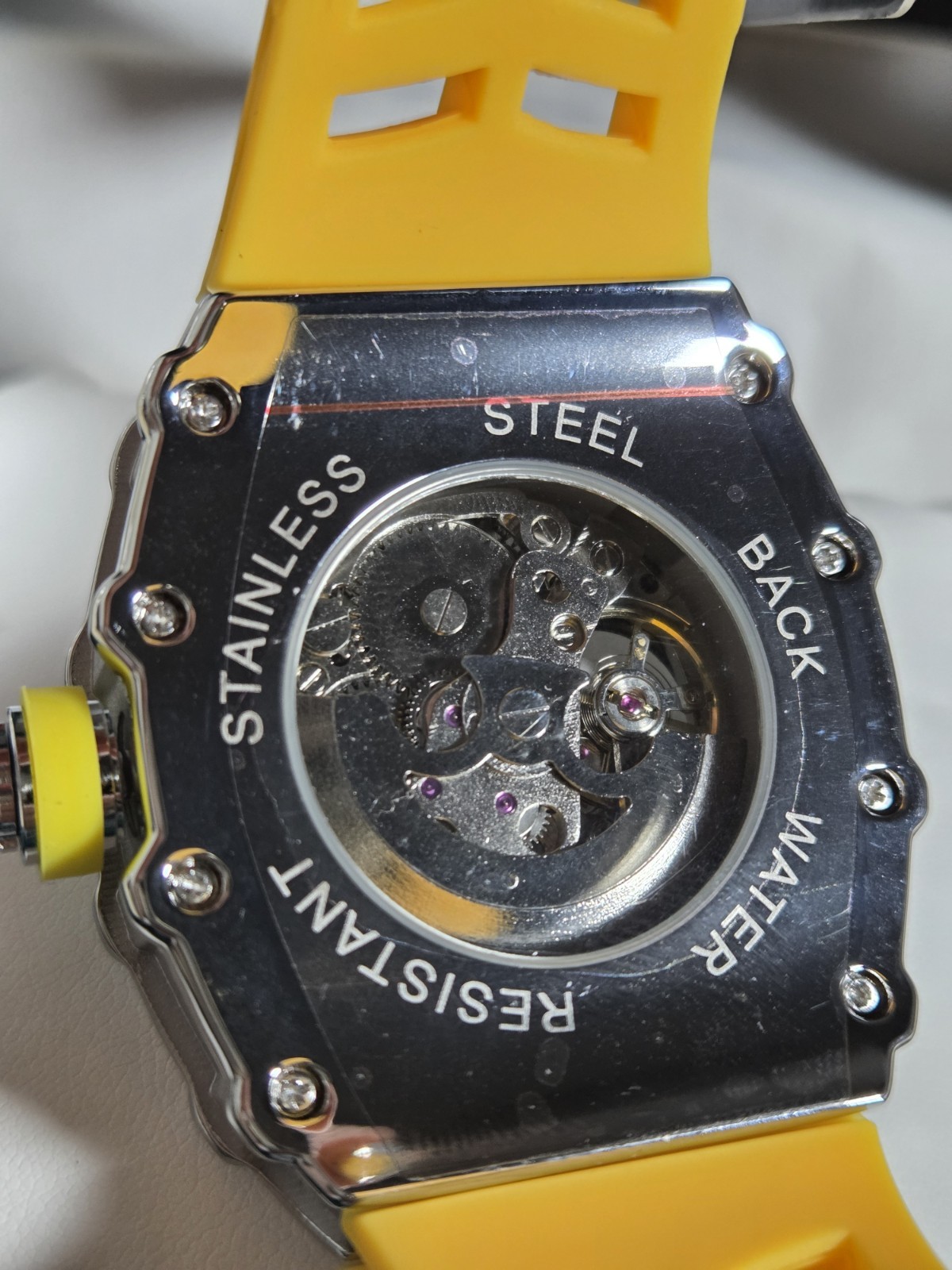 BIBI Luxury Watch BB395 Skeleton Dial Brushed Silver Case, Yellow Silicone Strap