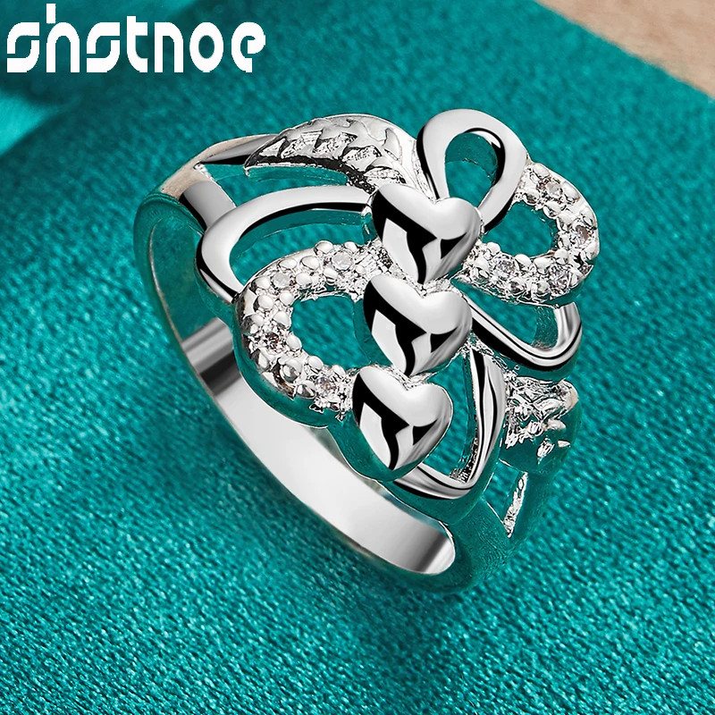 SHSTONE 925 Sterling Silver rings Inlay AAA Zircon Three Heart Bowknot Ring For