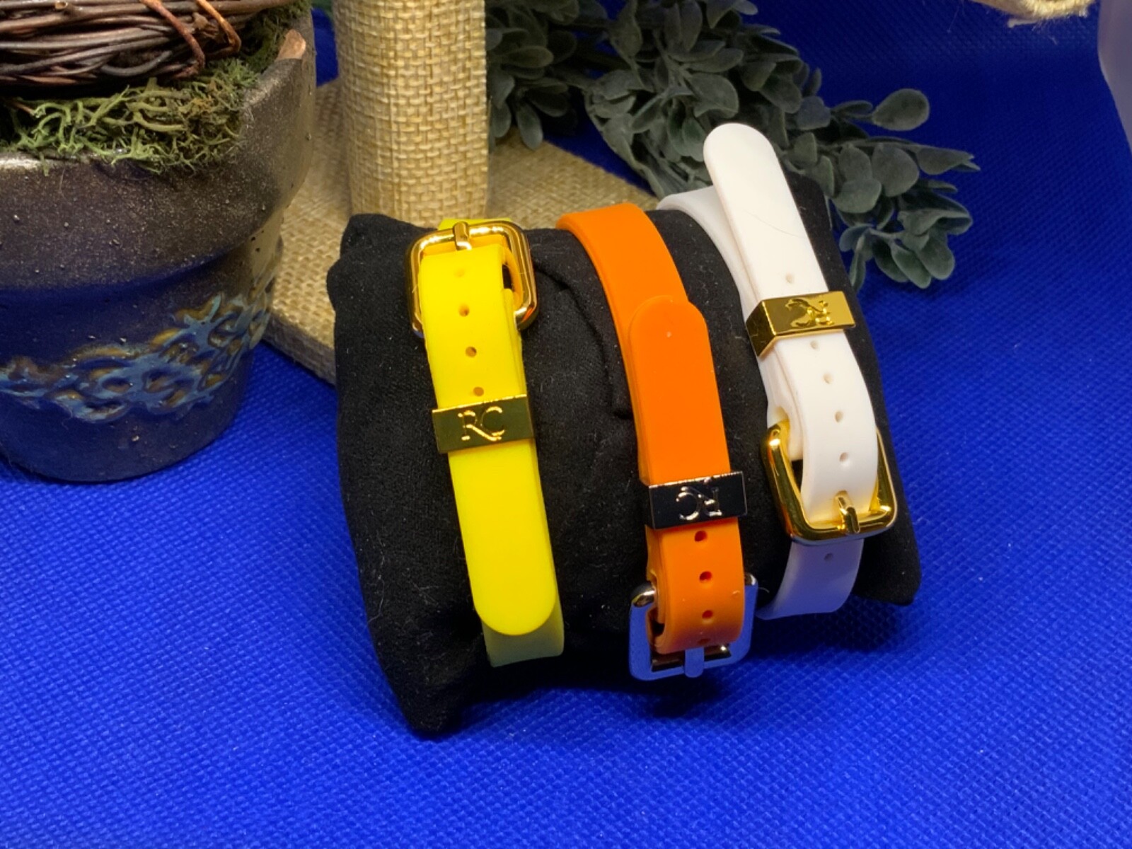 Rustic Cuff set 3 bracelets white, yellow, & orange 🐣🐇 w/ gold logo WITH BAG!