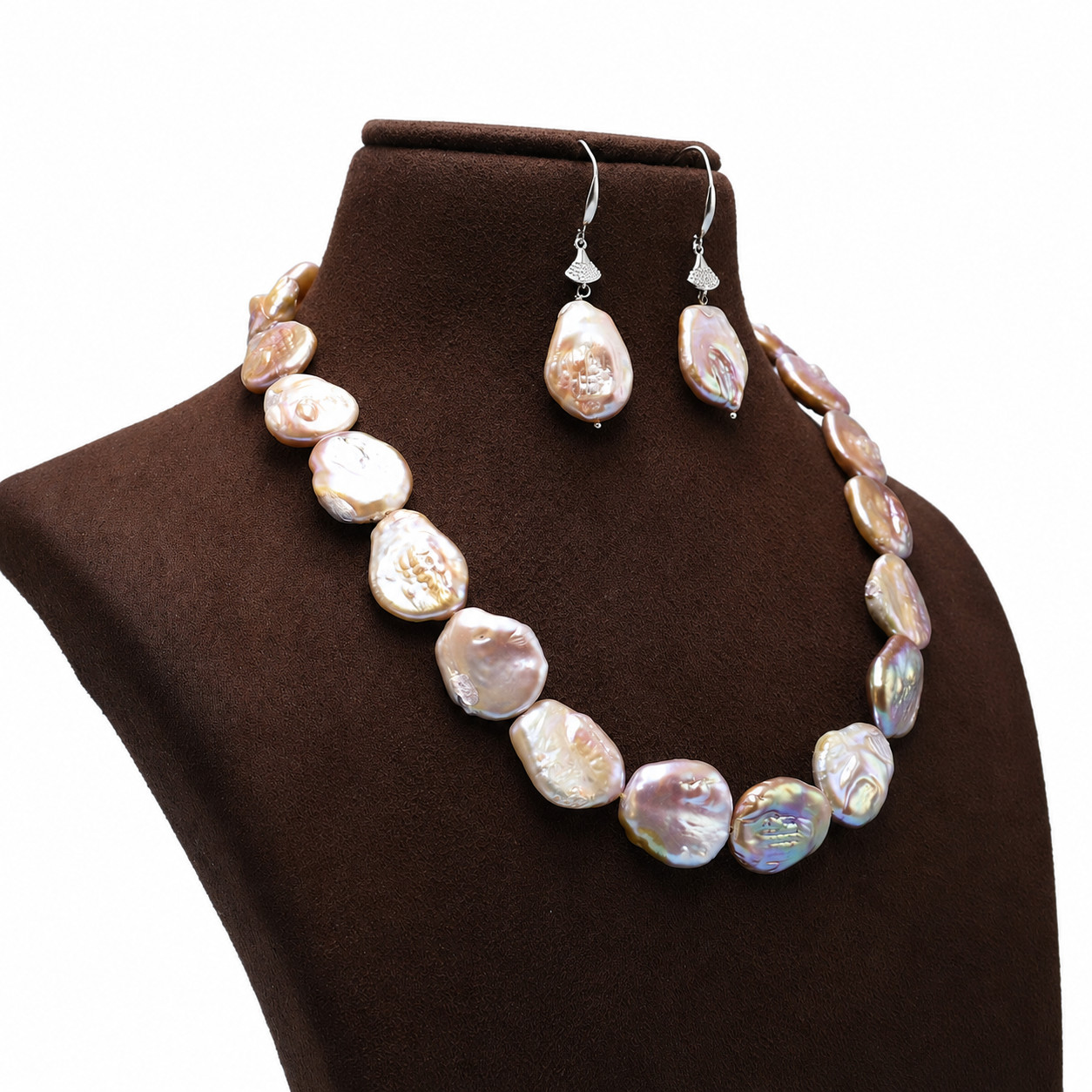 Genuine Natural Peach Baroque Pearl Necklace Earrings Set AA Quality 16 Inch