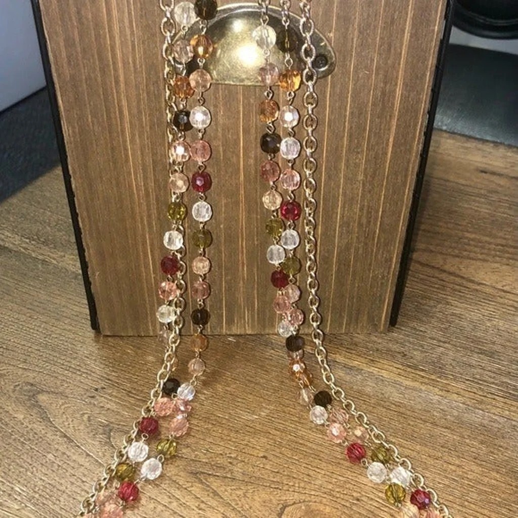 Vintage Three Strand Gold and Beaded Necklace, 34 in, Not Stamped