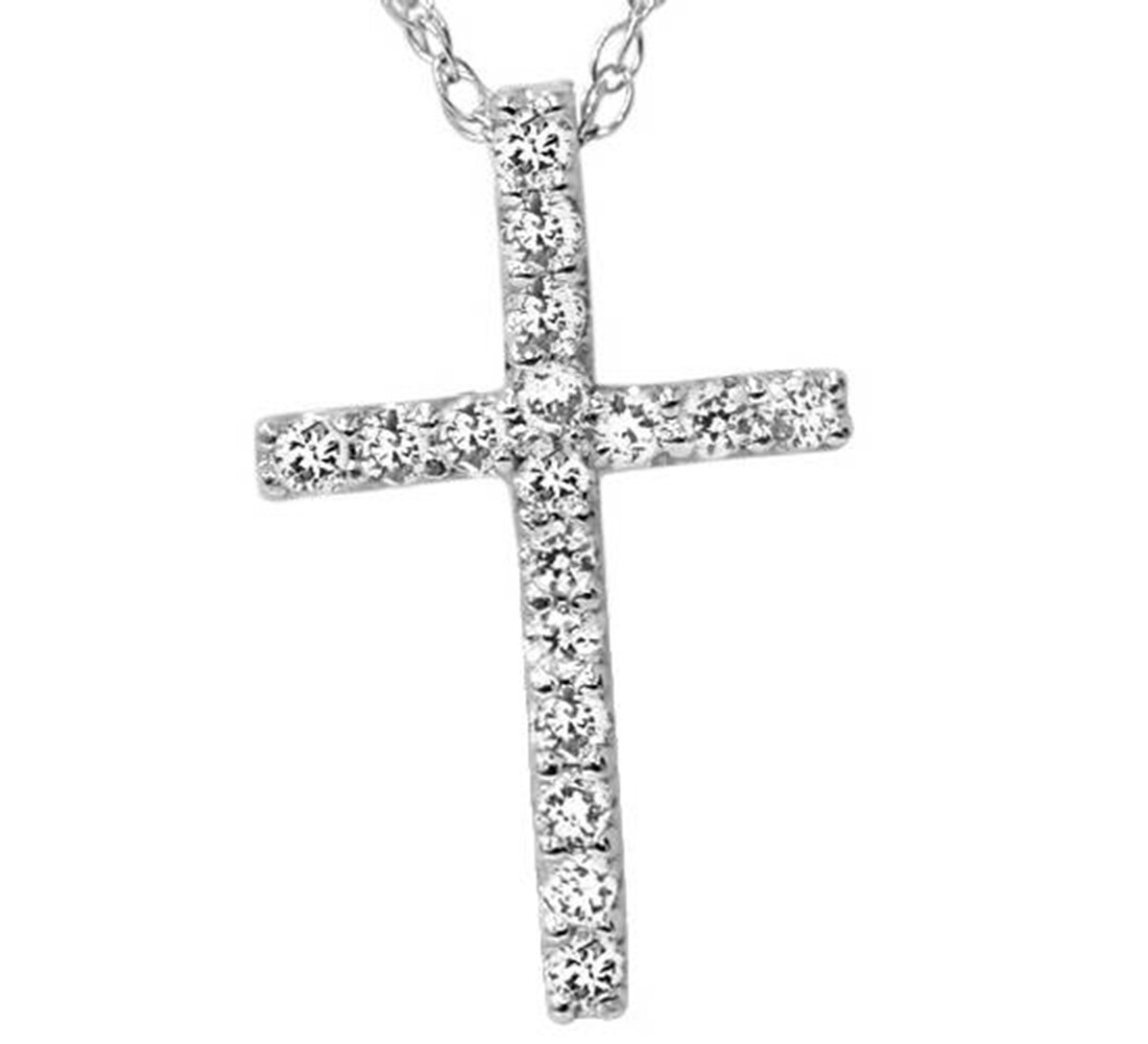 1/10 cttw Natural Diamond Small Cross Pendant Petite Necklace 10 KT White Gold