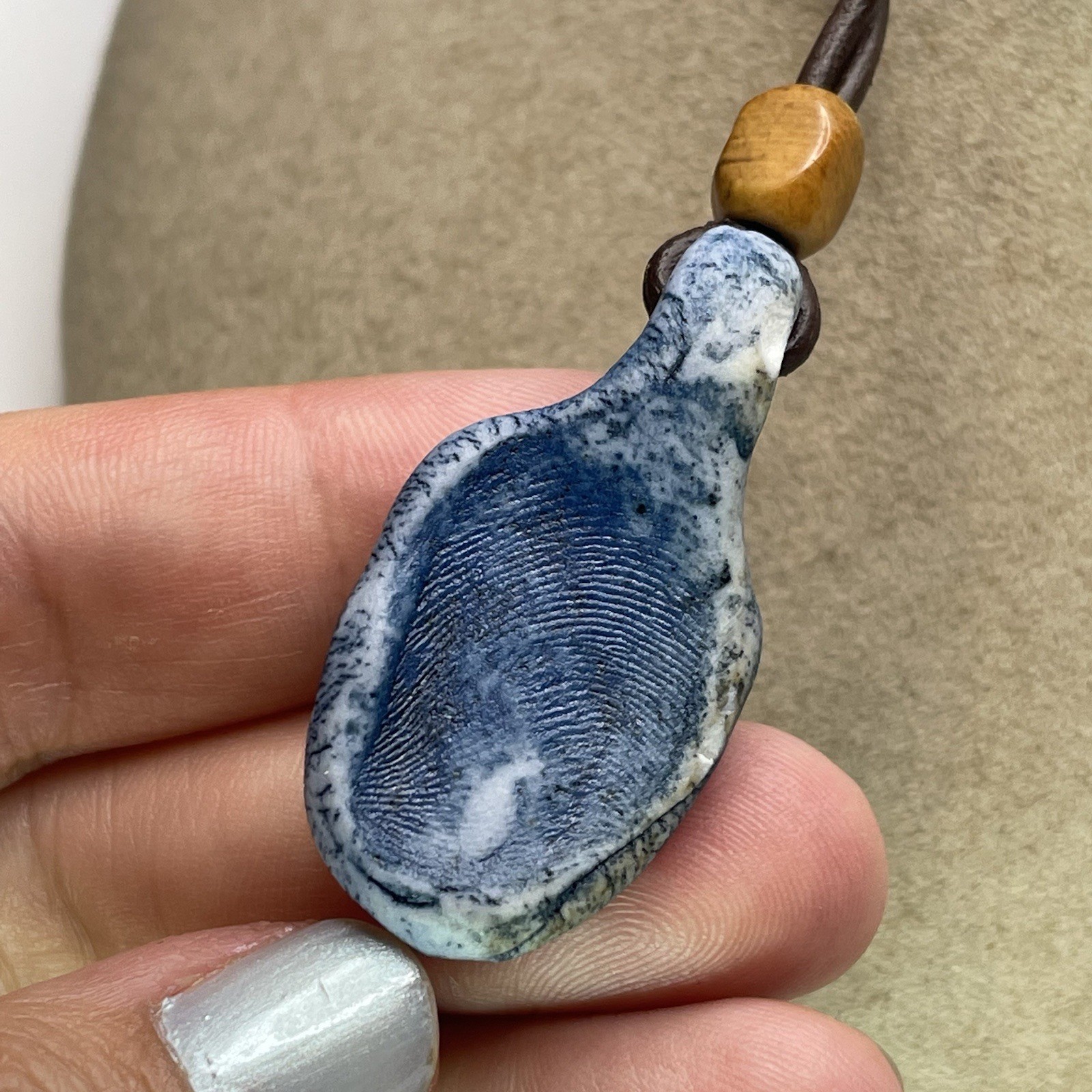 Vtg Handmade Ceramic Charm Leather Cord Necklace Stone Bead Scroll Print 24”