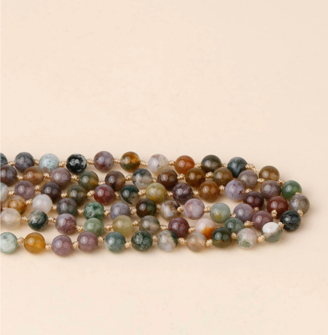 Agate Natural Stone 108 Beaded Mala Necklace with Gold Tassel – 21″ *NEW*