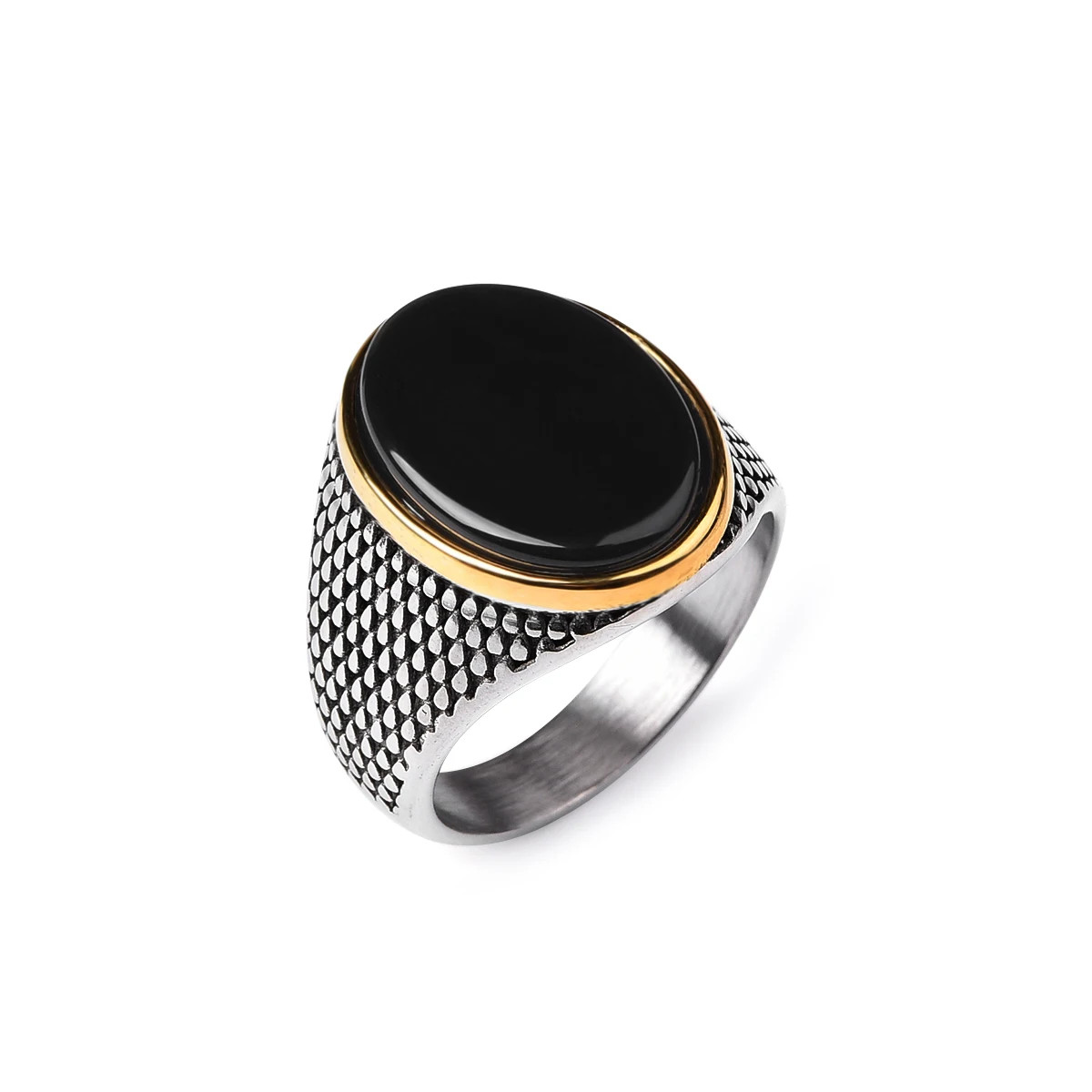 Wedding Band Ring 316L Stainless Steel Onyx Texture Gilded Geometric Jewelry