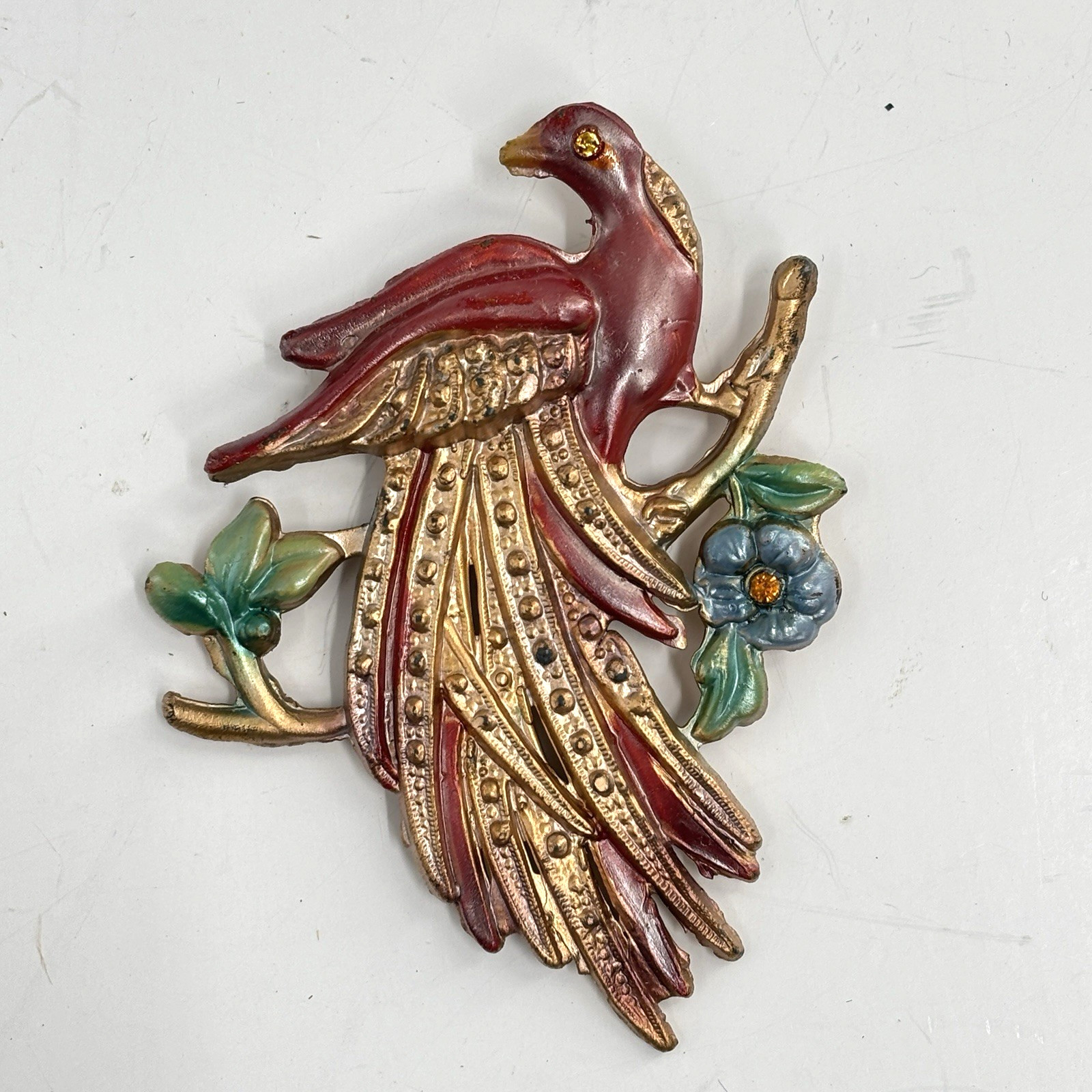 Vintage Pot Metal and Enamel Brooch Pin Exotic Bird Flowers Tropical Paradise